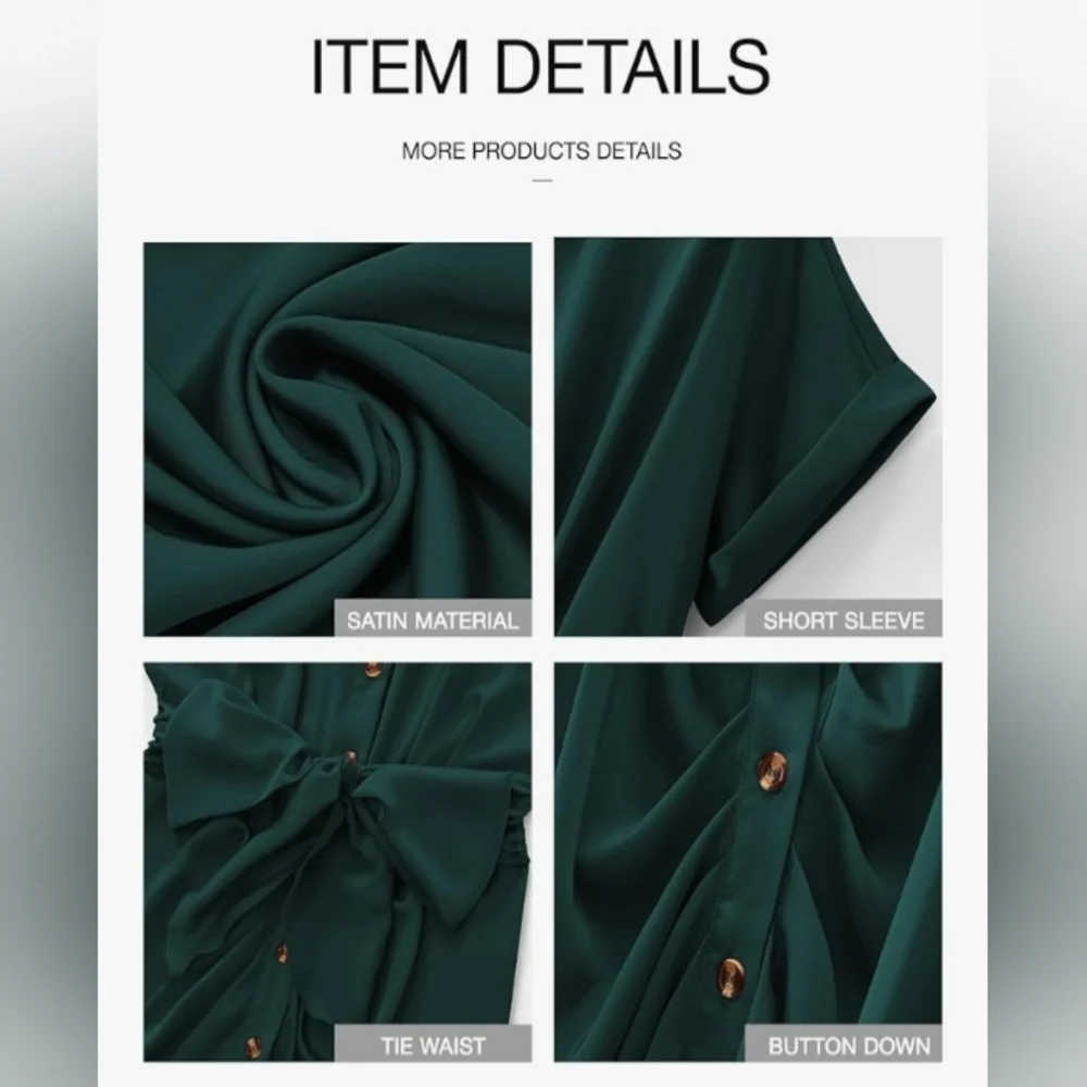 Elegant Green Stretch Satin Midi Shirt. Dress - Picture 4 of 6